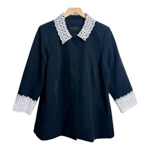 Eloquii Eyelet Lace Trim Classy Elegant Navy Blue Blazer Jacket W/ Pockets